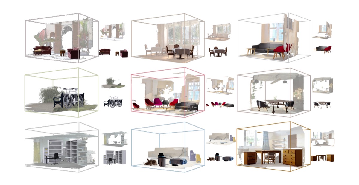 GARDEN reconstructions showing gravity-aligned scenes alongside disentangled rigid foreground objects