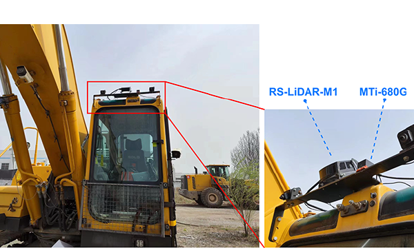 Excavator platform with its roof-mounted LiDAR and inertial sensor